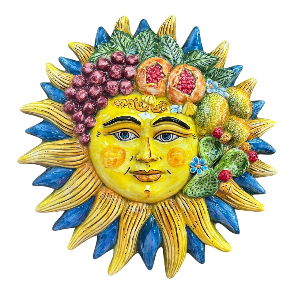 Sole da parete decoro giallo e blu con frutta e fichi d'india in ceramica siciliana Produzione artigianale di Caltagirone Diametro 30cm