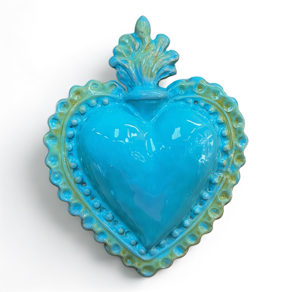 Cuore Sacro Ex Voto da parete decoro azzurro e verde in ceramica siciliana Produzione artigianale di Palermo h.17cm