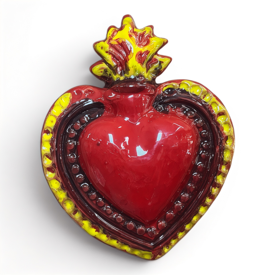 Cuore Sacro Ex Voto da parete decoro rosso e giallo in ceramica siciliana Produzione artigianale di Palermo h.17cm