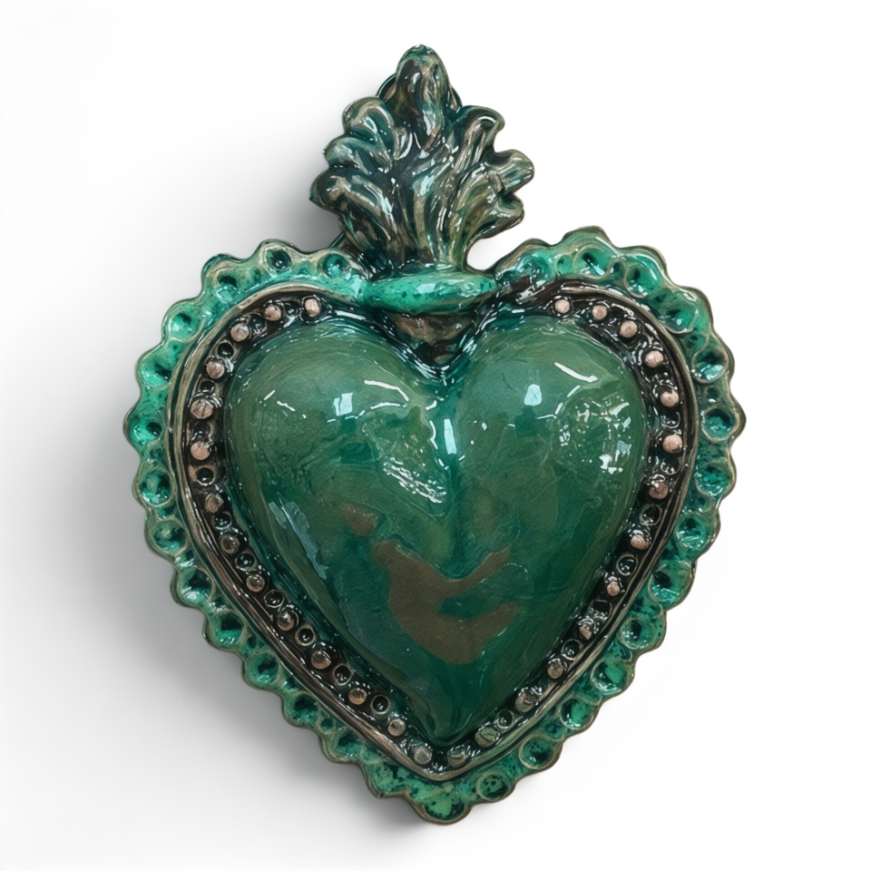 Cuore Sacro Ex Voto da parete decoro verde smeraldo in ceramica siciliana Produzione artigianale di Palermo h.17cm