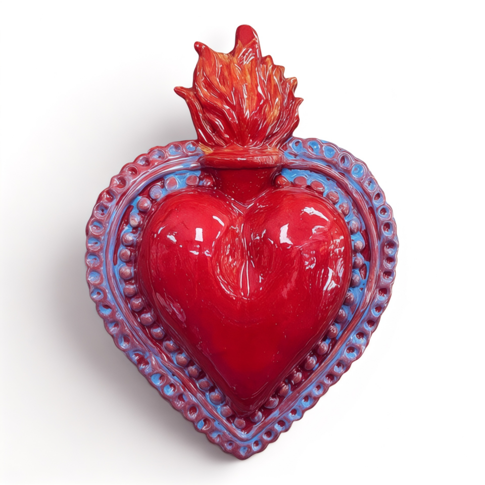 Cuore Sacro Ex Voto da parete decoro rosso corallo e azzurro in ceramica siciliana Produzione artigianale di Palermo h.23cm