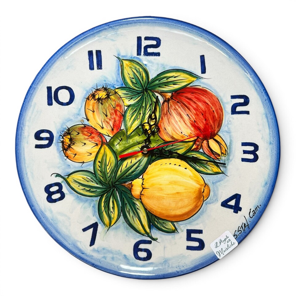 Orologio da parete liscio decoro limoni, fichi d’india e melograno in ceramica siciliana Produzione artigianale di Santo Stefano di Camastra Diametro 31cm