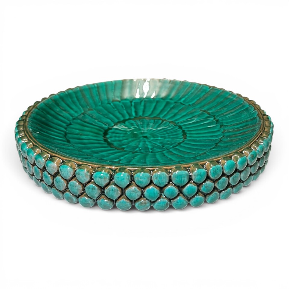 Centrotavola decoro pigna verde acqua in ceramica siciliana Produzione artigianale di Santo Stefano di Camastra Diametro 27cm