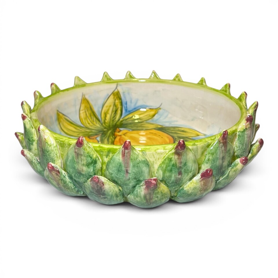 Centrotavola carciofo decoro interno limoni e fichi d'india in ceramica siciliana Produzione artigianale di Santo Stefano di Camastra Diametro 28cm