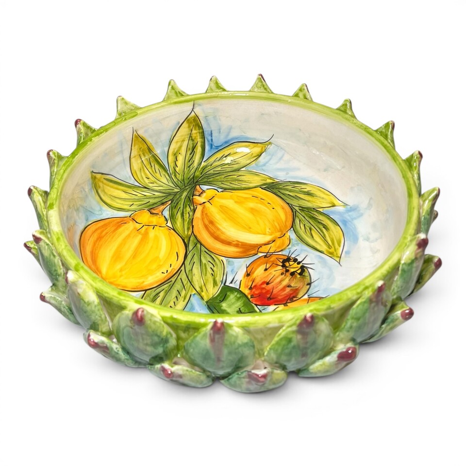 Centrotavola carciofo decoro interno limoni e fichi d'india in ceramica siciliana Produzione artigianale di Santo Stefano di Camastra Diametro 28cm
