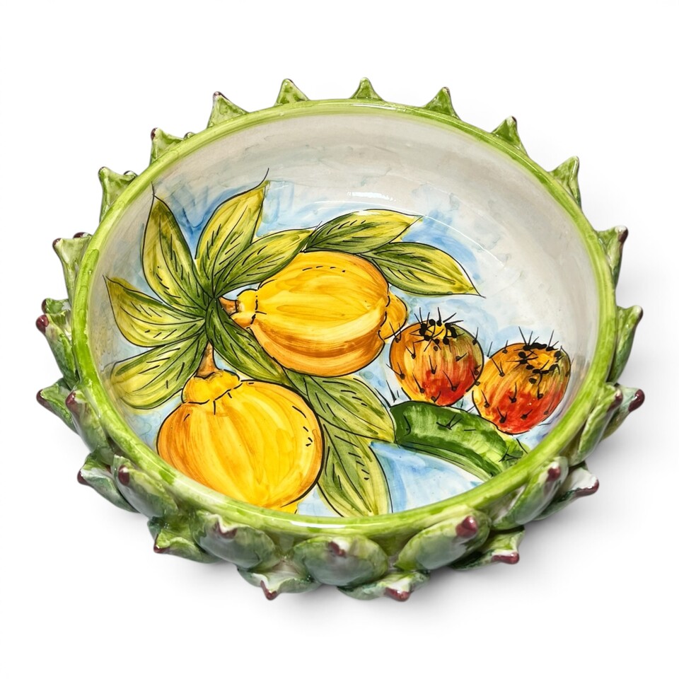 Centrotavola carciofo decoro interno limoni e fichi d'india in ceramica siciliana Produzione artigianale di Santo Stefano di Camastra Diametro 28cm