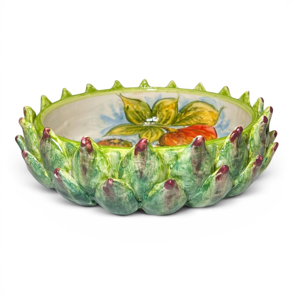 Centrotavola carciofo decoro interno fichi d'india e melograno in ceramica siciliana Produzione artigianale di Santo Stefano di Camastra Diametro 28cm