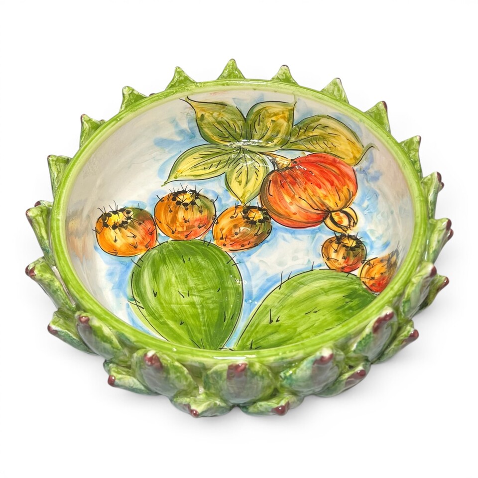 Centrotavola carciofo decoro interno fichi d'india e melograno in ceramica siciliana Produzione artigianale di Santo Stefano di Camastra Diametro 28cm