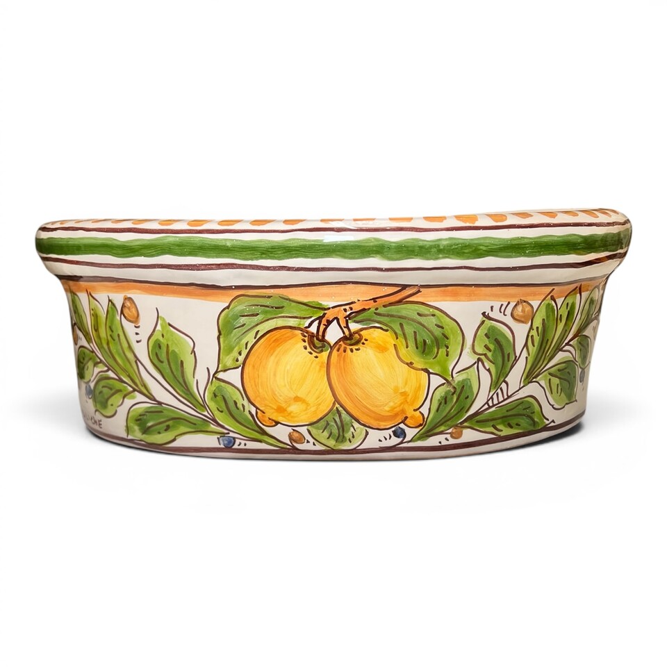 Fioriera cachepot ovale decoro limoni verde in ceramica siciliana Produzione artigianale di Santo Stefano di Camastra Lunghezza 32cm