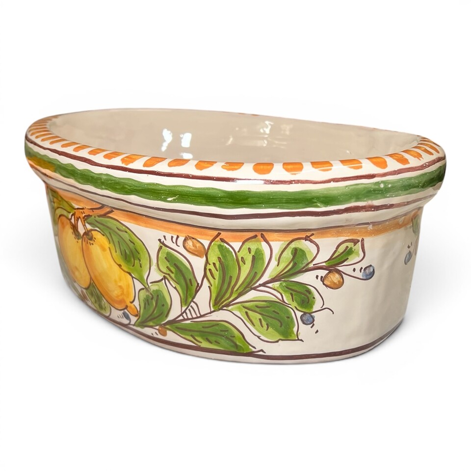Fioriera cachepot ovale decoro limoni verde in ceramica siciliana Produzione artigianale di Santo Stefano di Camastra Lunghezza 32cm
