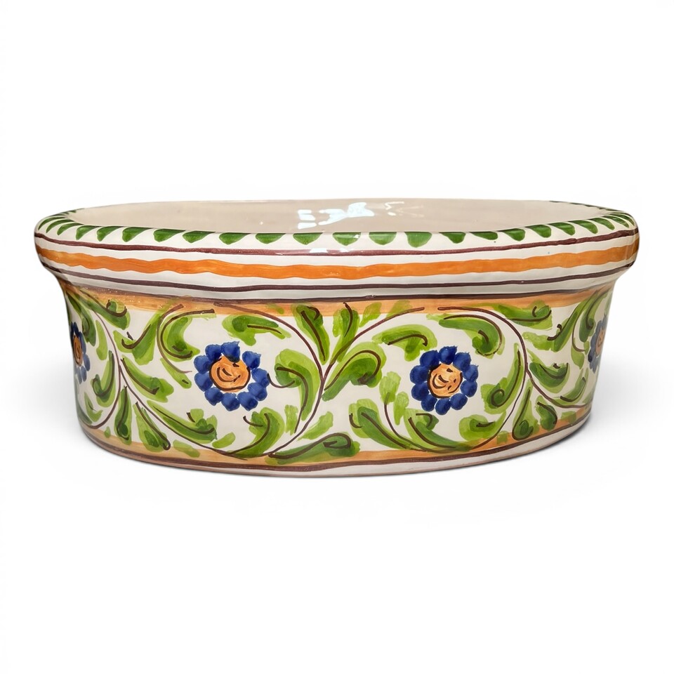 Fioriera cachepot ovale decoro floreale in ceramica siciliana Produzione artigianale di Santo Stefano di Camastra Lunghezza 32cm