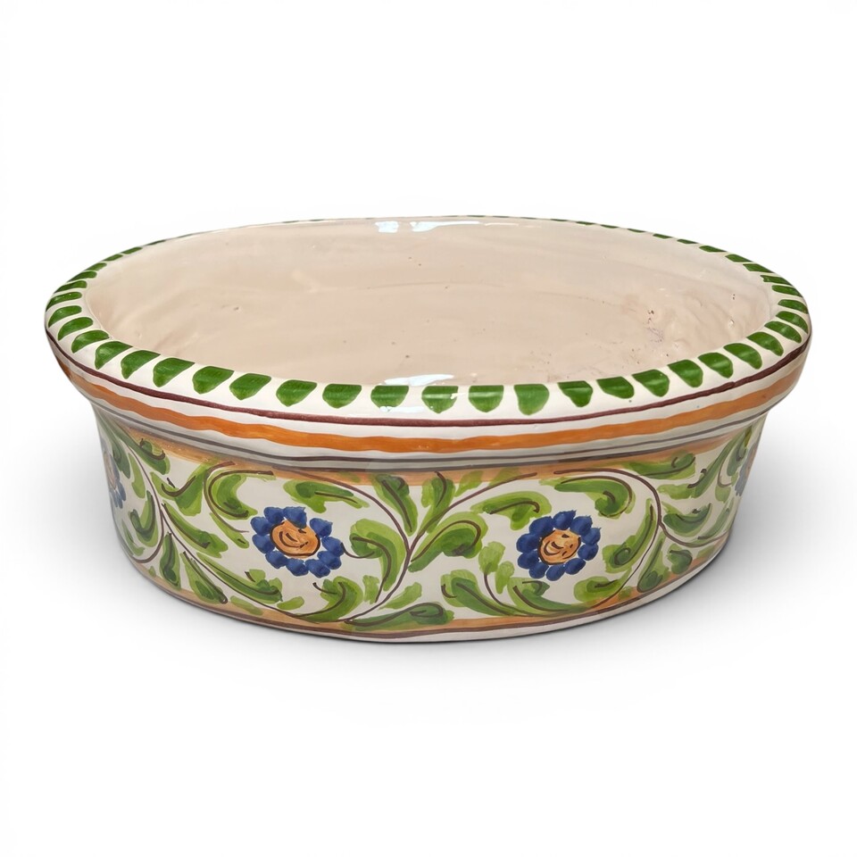 Fioriera cachepot ovale decoro floreale in ceramica siciliana Produzione artigianale di Santo Stefano di Camastra Lunghezza 32cm
