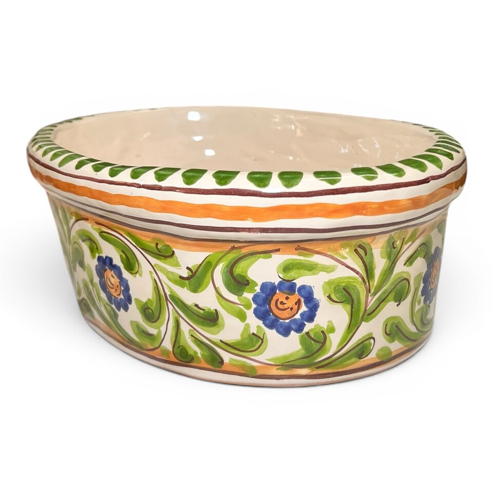 Fioriera cachepot ovale decoro floreale in ceramica siciliana Produzione artigianale di Santo Stefano di Camastra Lunghezza 32cm