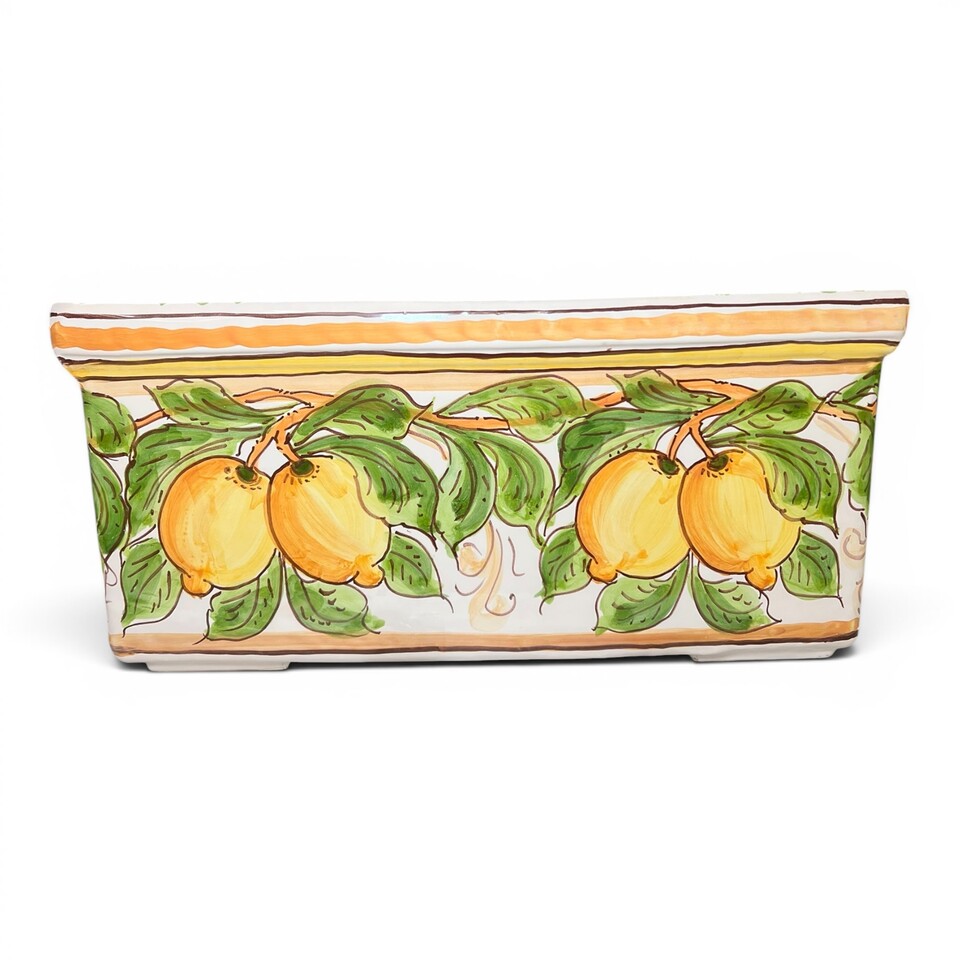 Fioriera cachepot rettangolare decoro limoni in ceramica siciliana Produzione artigianale di Santo Stefano di Camastra Lunghezza 43cm