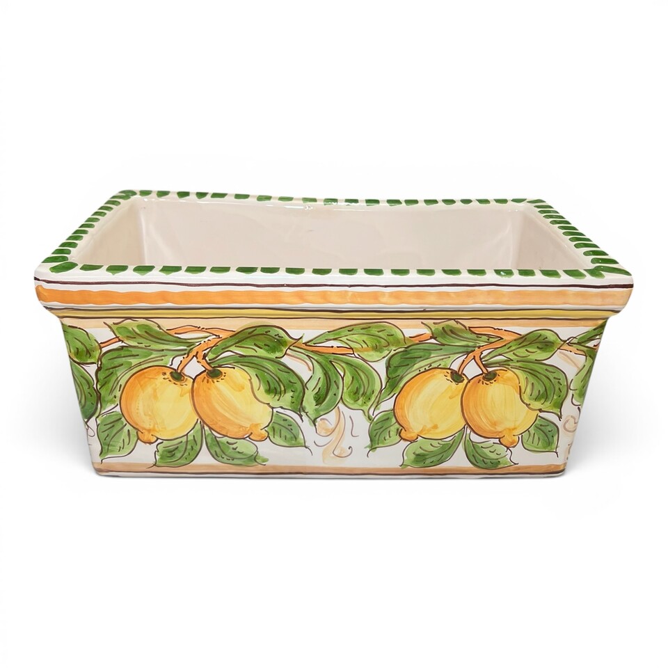 Fioriera cachepot rettangolare decoro limoni in ceramica siciliana Produzione artigianale di Santo Stefano di Camastra Lunghezza 43cm