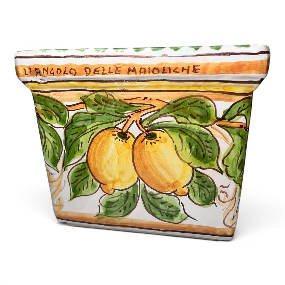 Fioriera cachepot rettangolare decoro limoni in ceramica siciliana Produzione artigianale di Santo Stefano di Camastra Lunghezza 43cm