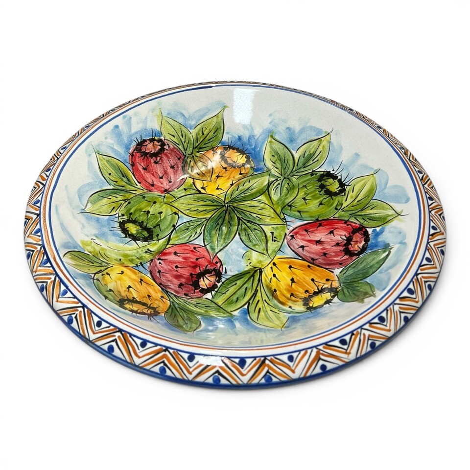 Ciotola centrotavola decoro frutti fichi d’india in ceramica siciliana Produzione artigianale di Santo Stefano di Camastra Diametro 30cm