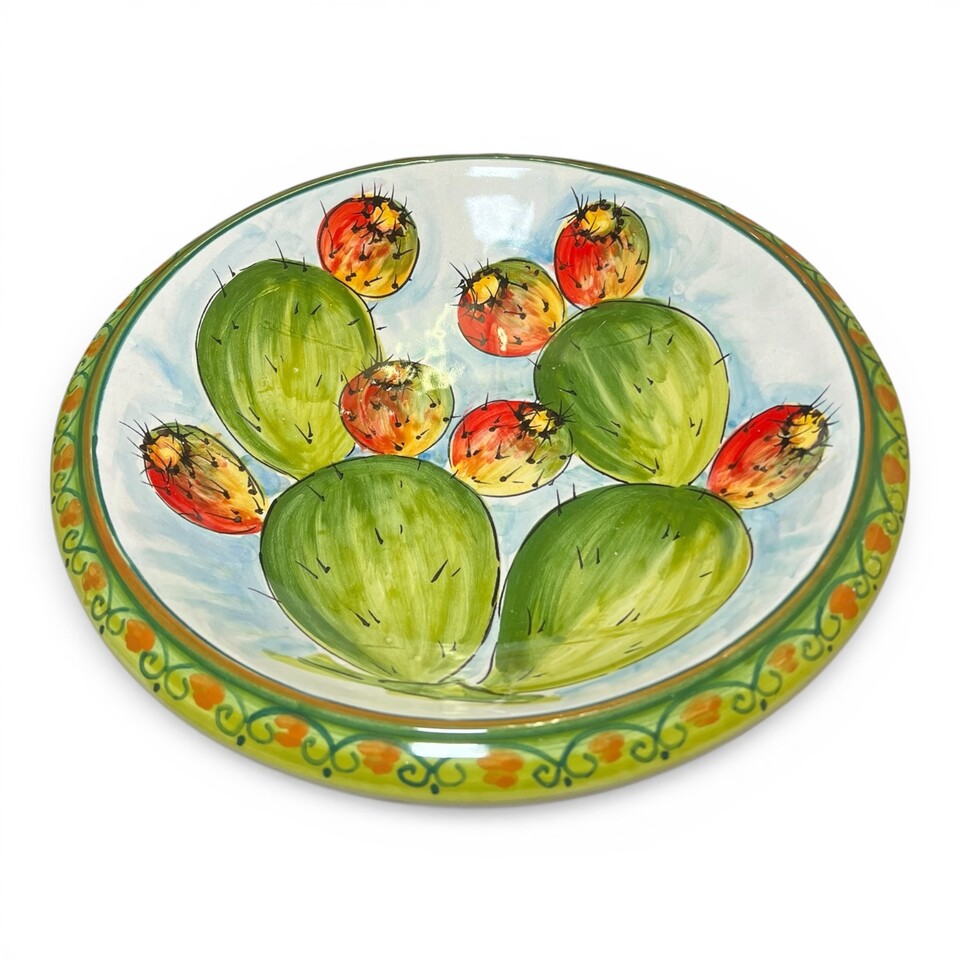 Ciotola centrotavola decoro fichi d’india in ceramica siciliana Produzione artigianale di Santo Stefano di Camastra Diametro 30cm