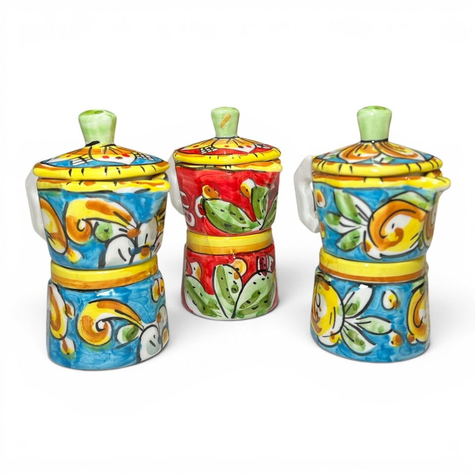 Moka Caffettiera porta zucchero e caffè vari decori in ceramica siciliana Produzione artigianale di Caltagirone h.13cm
