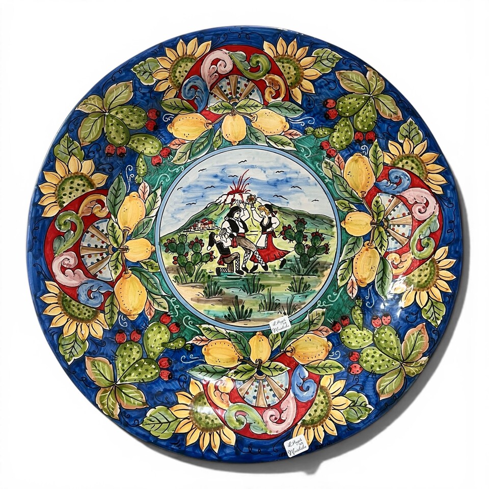 Piatto ornamentale da parete decoro tarantella con limoni fichi d'india in ceramica siciliana Produzione artigianale di Santo Stefano di Camastra Diametro 60cm