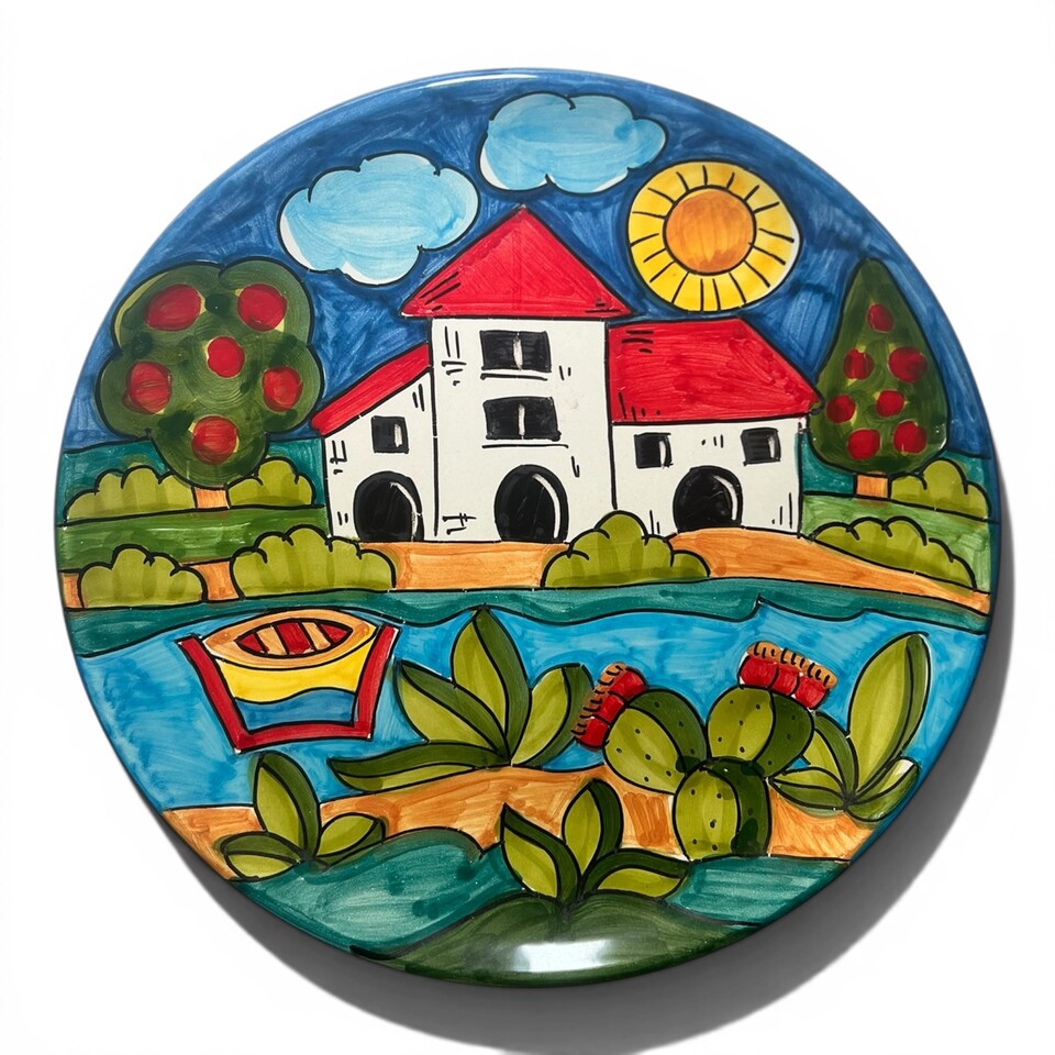 Piatto ornamentale da parete decoro naif case tema marino in ceramica siciliana Produzione artigianale di Santo Stefano di Camastra diametro 26cm