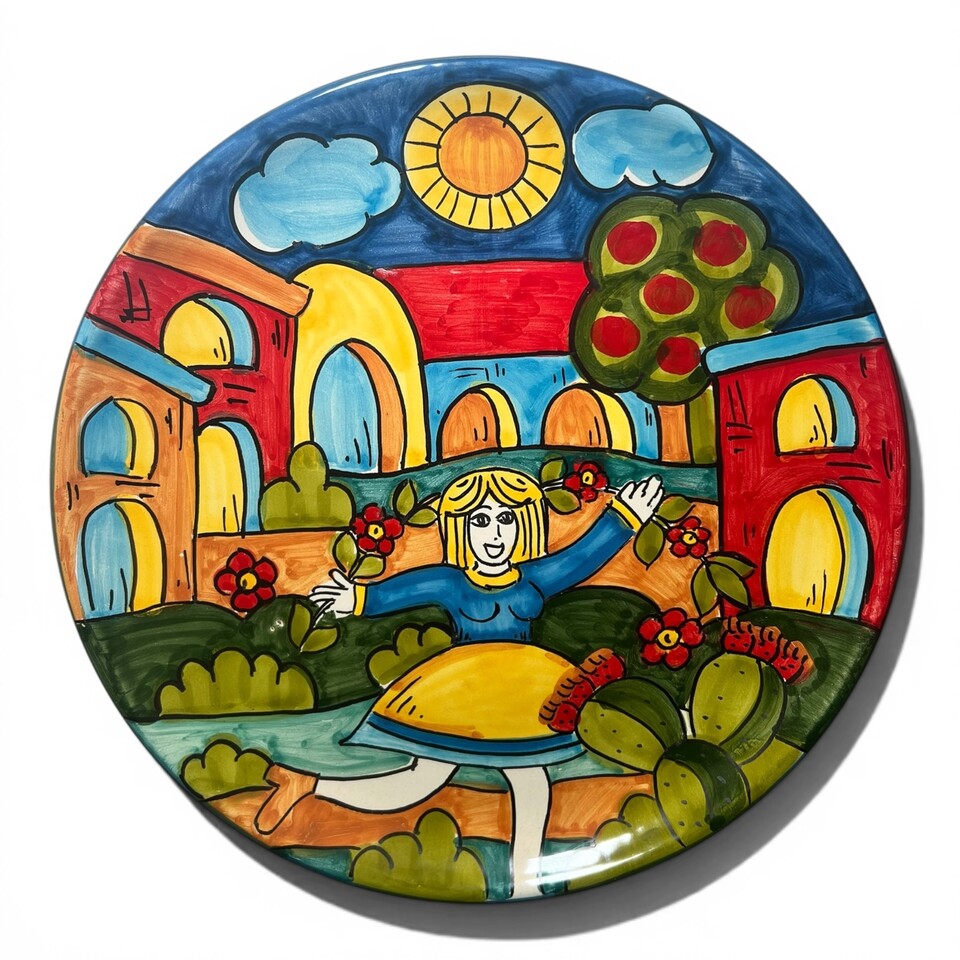 Piatto ornamentale da parete decoro naif con case e ragazza in ceramica siciliana Produzione artigianale di Santo Stefano di Camastra diametro 26cm