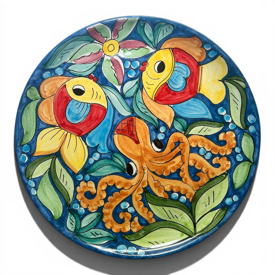 Piatto ornamentale da parete decoro naif con pesci tema marino in ceramica siciliana Produzione artigianale di Santo Stefano di Camastra Diametro 30cm