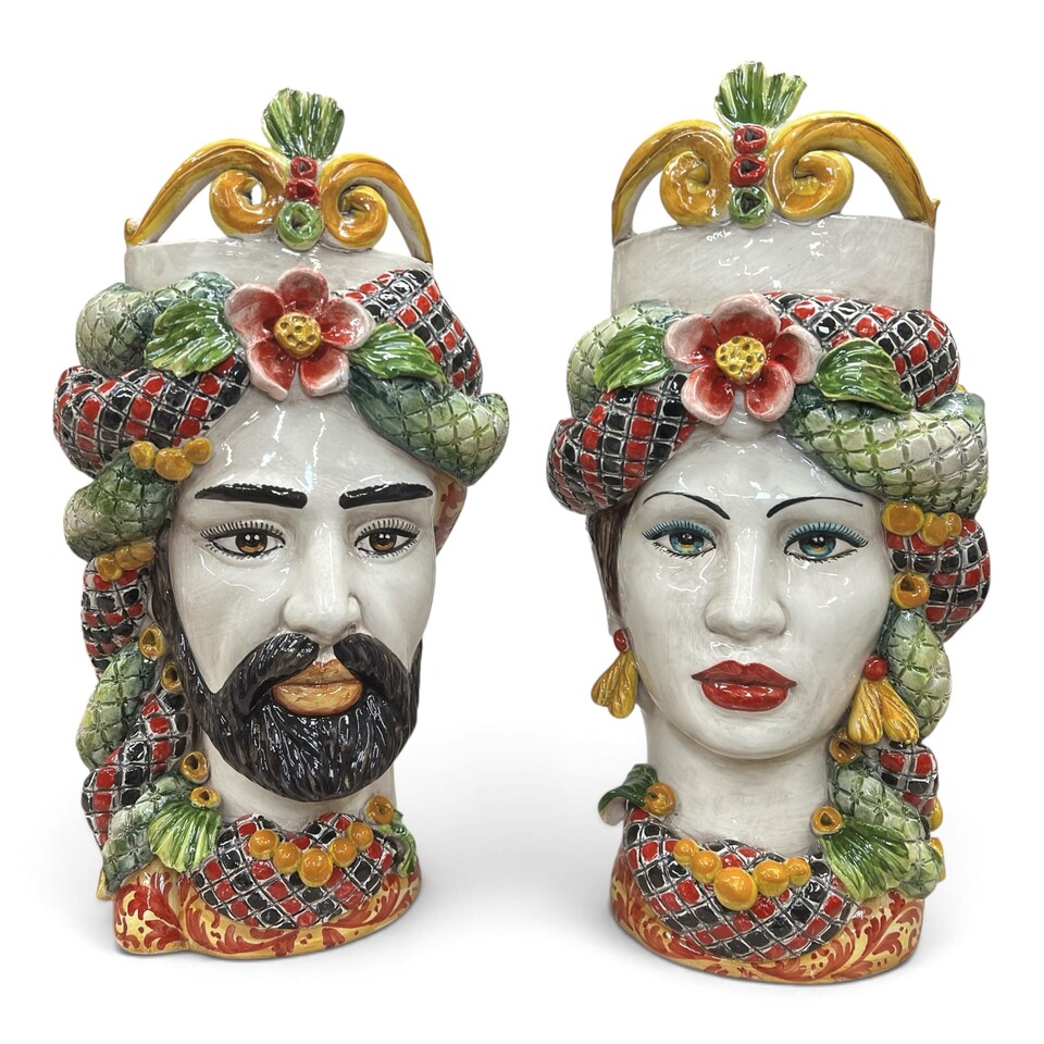Teste di moro decoro siciliano con corona e turbante Produzione artigianale di Caltagirone h.40cm