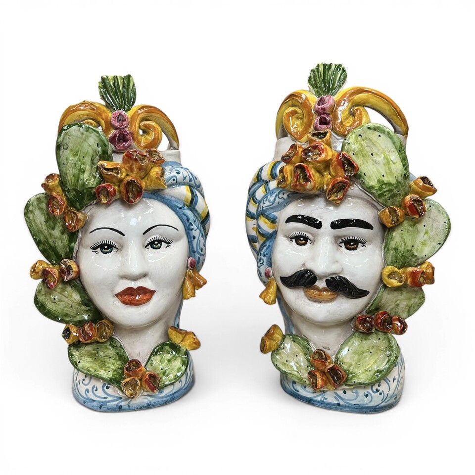 Teste di moro con fichi d'india e corona in ceramica siciliana Produzione artigianale di Caltagirone h.30cm