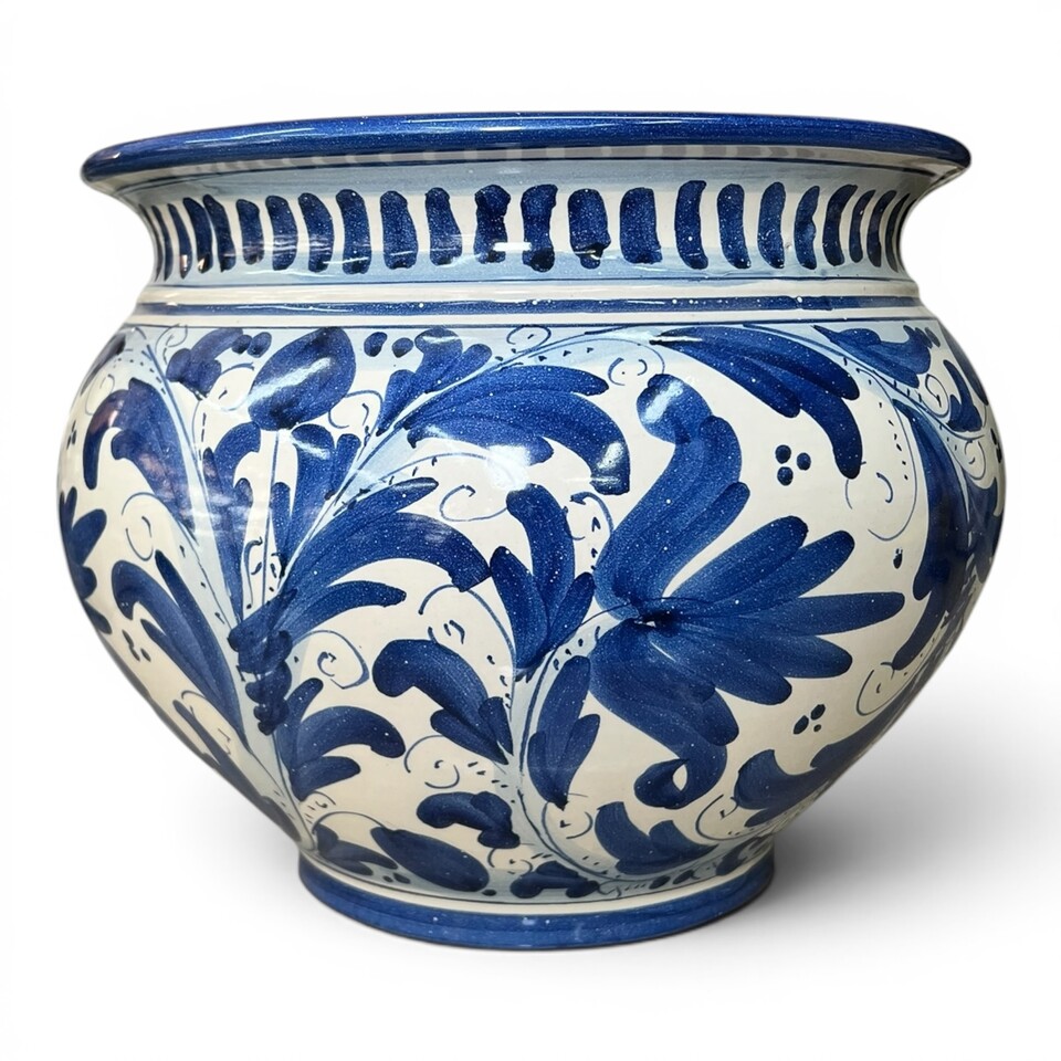 Portavaso cachepot decoro seicento blu in ceramica siciliana Produzione artigianale di Caltagirone h.28cm