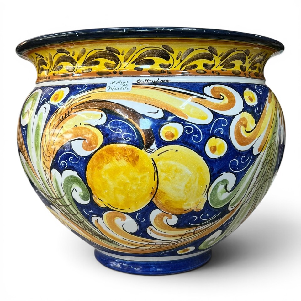 Portavaso cachepot decoro ornato con frutta siciliana in ceramica siciliana Produzione artigianale di Caltagirone h.33cm