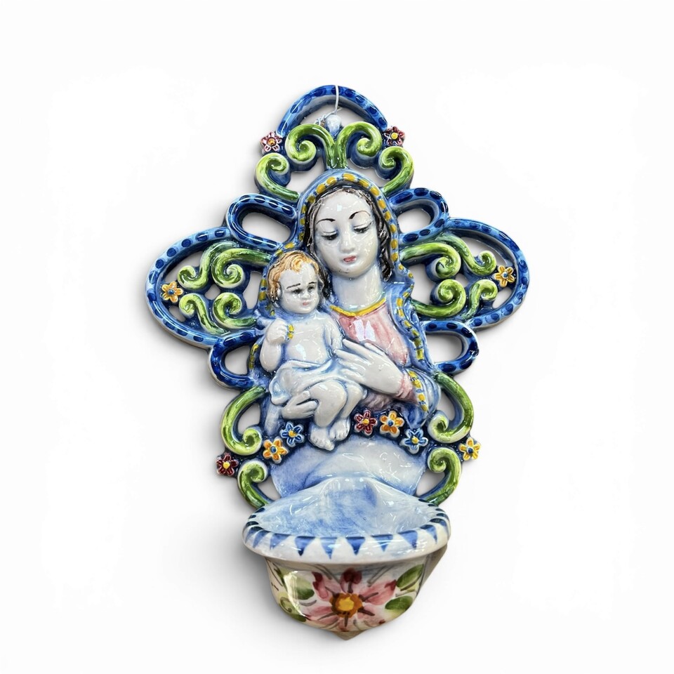 Acquasantiera con Madonna e Gesù bambino decoro blu e verde in ceramica siciliana Produzione artigianale di Santo Stefano di Camastra 20x15cm