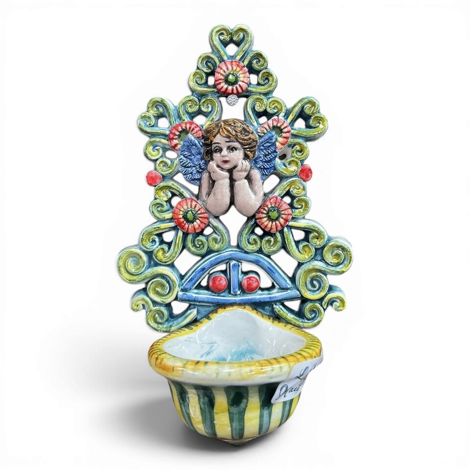 Acquasantiera con Angioletto con fiori in ceramica siciliana vari decori Produzione artigianale di Santo Stefano di Camastra 18x12