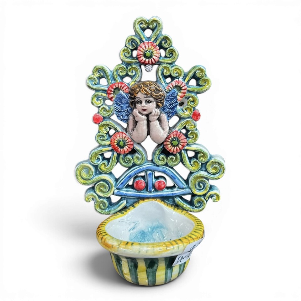Acquasantiera con Angioletto con fiori in ceramica siciliana vari decori Produzione artigianale di Santo Stefano di Camastra 18x12