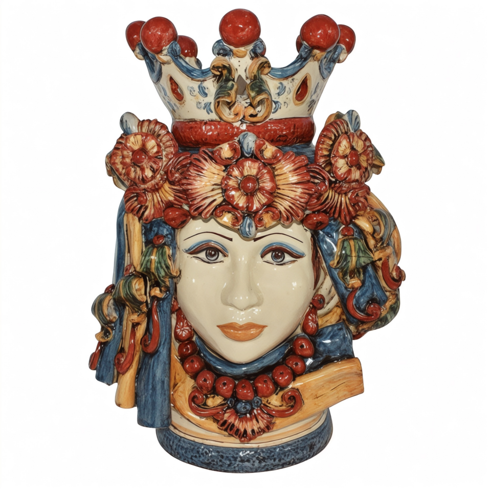 Testa di moro donna con turbante corona e drappeggi decoro Sicily in ceramica siciliana Produzione artigianale di Caltagirone h.50cm