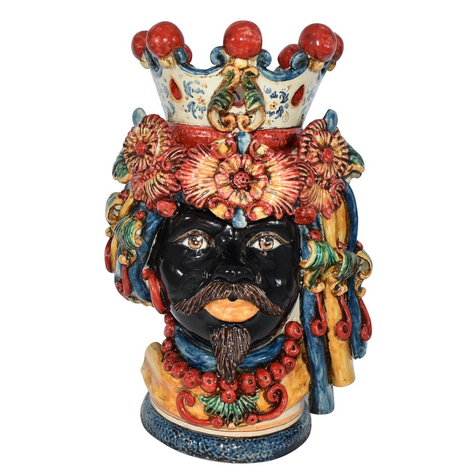 Testa di moro uomo viso nero con corona turbante e drappeggi decoro Sicily in ceramica siciliana Produzione artigianale di Caltagirone h.50cm