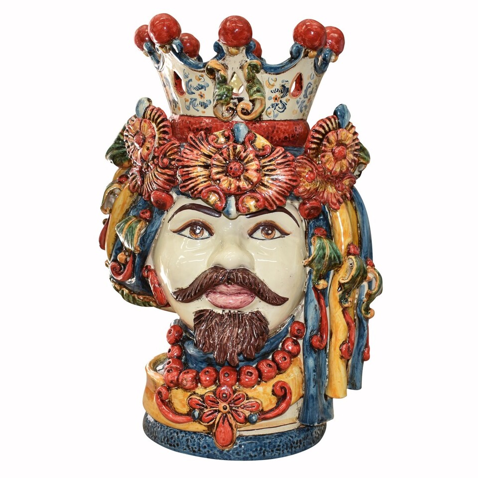 Testa di moro uomo con turbante corona e drappeggi decoro Sicily in ceramica siciliana Produzione artigianale di Caltagirone h.50cm