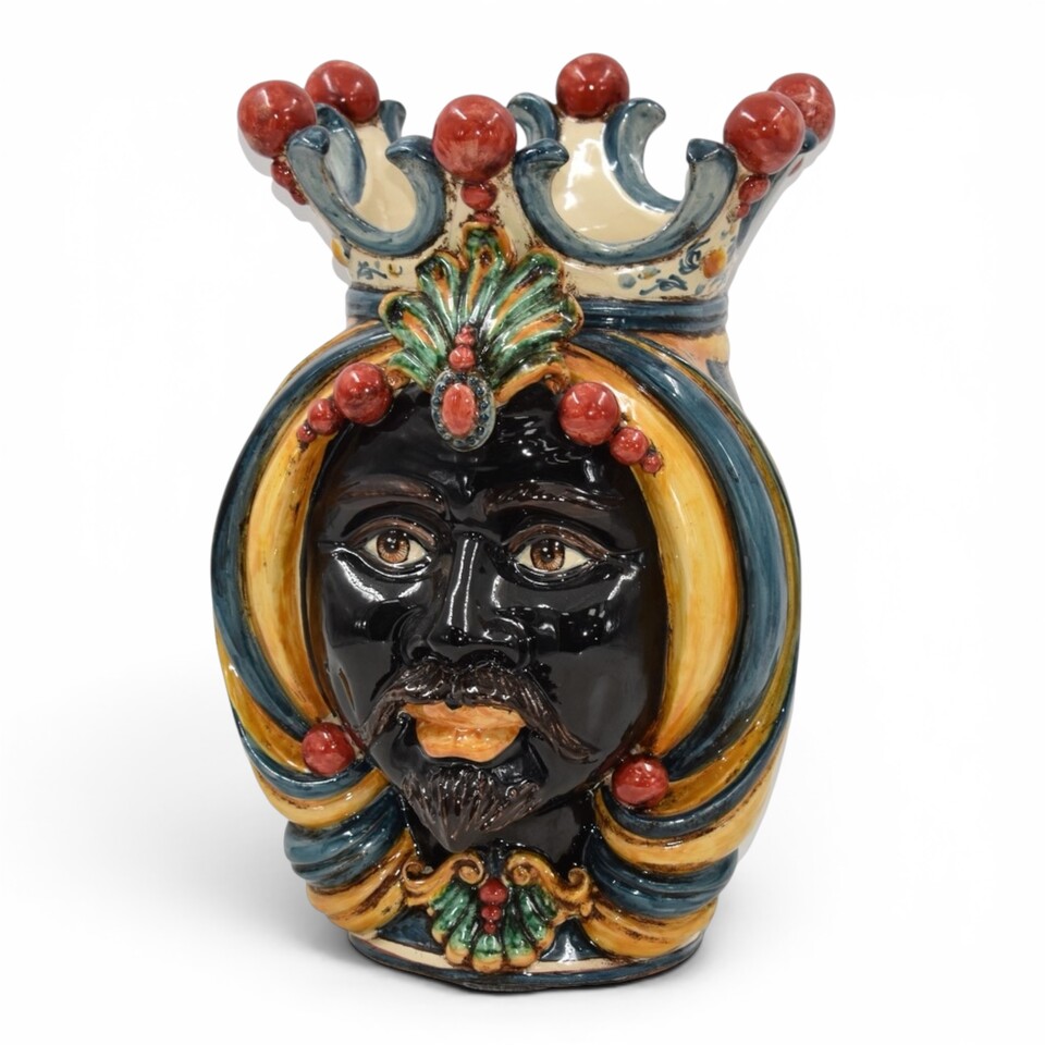 Testa di moro uomo viso nero con corona decoro Sicily in ceramica siciliana Produzione artigianale di Caltagirone h.38cm