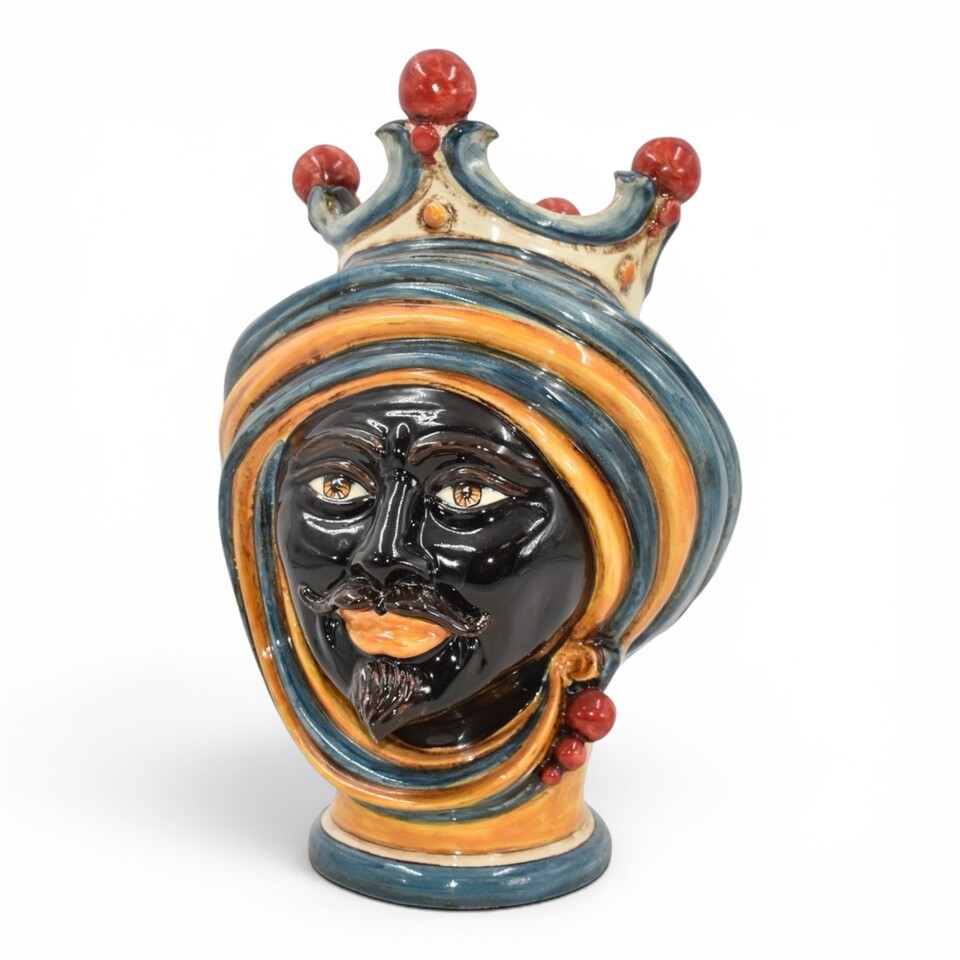 Testa di moro uomo viso nero con corona decoro Sicily in ceramica siciliana Produzione artigianale di Caltagirone h.30cm