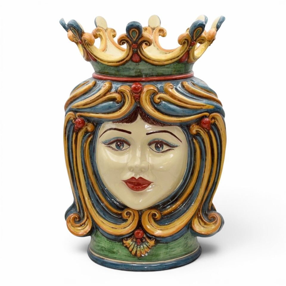 Testa di moro gigante donna con corona decoro Sicily in ceramica siciliana Produzione artigianale di Caltagirone h.60cm