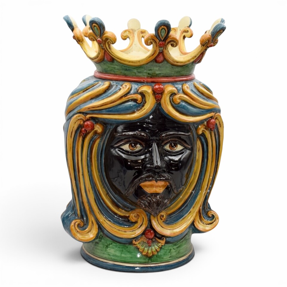Testa di moro gigante uomo viso nero con corona decoro Sicily in ceramica siciliana Produzione artigianale di Caltagirone h.60cm
