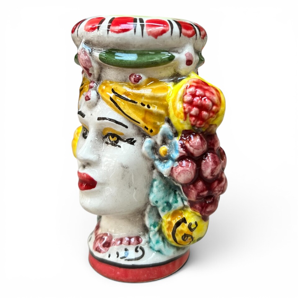 Teste di moro Sale e Pepe decoro fichi d'india e frutta in ceramica siciliana Produzione artigianale di Caltagirone h.9cm