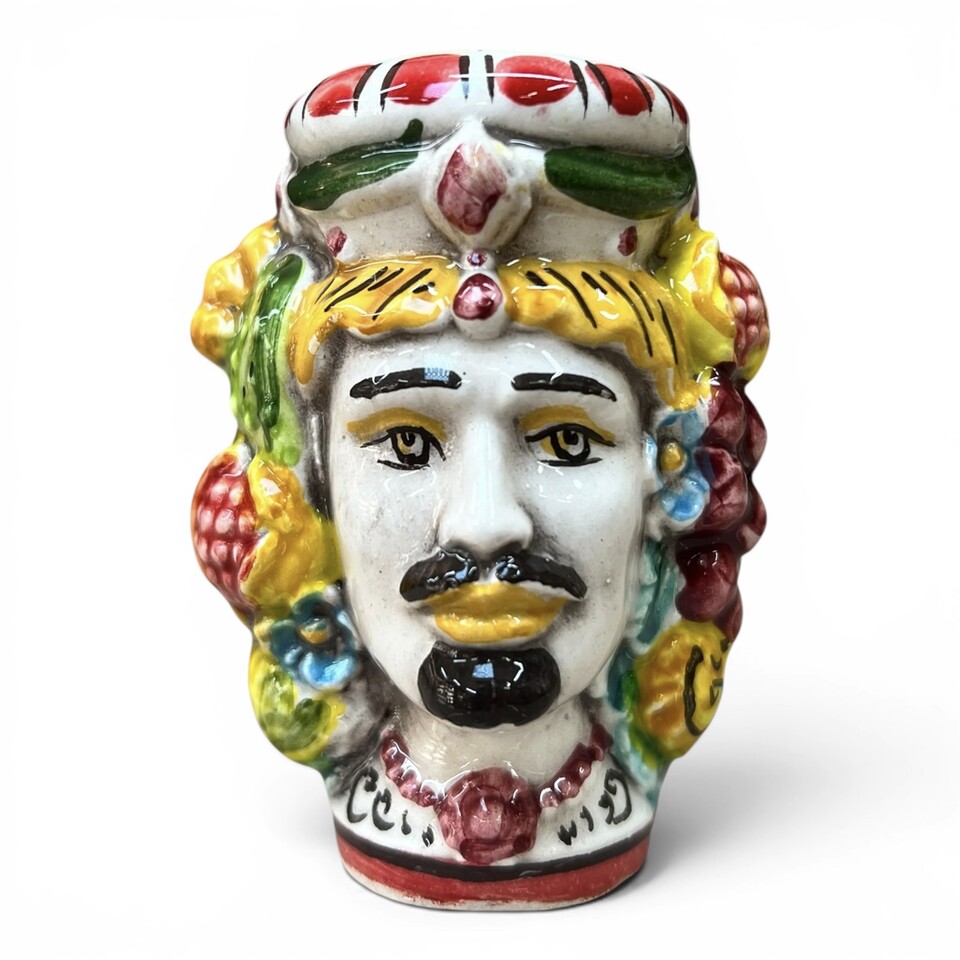 Teste di moro Sale e Pepe decoro fichi d'india e frutta in ceramica siciliana Produzione artigianale di Caltagirone h.9cm
