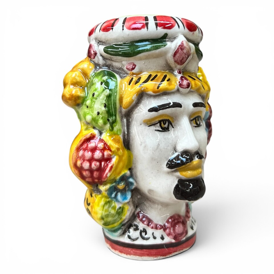 Teste di moro Sale e Pepe decoro fichi d'india e frutta in ceramica siciliana Produzione artigianale di Caltagirone h.9cm