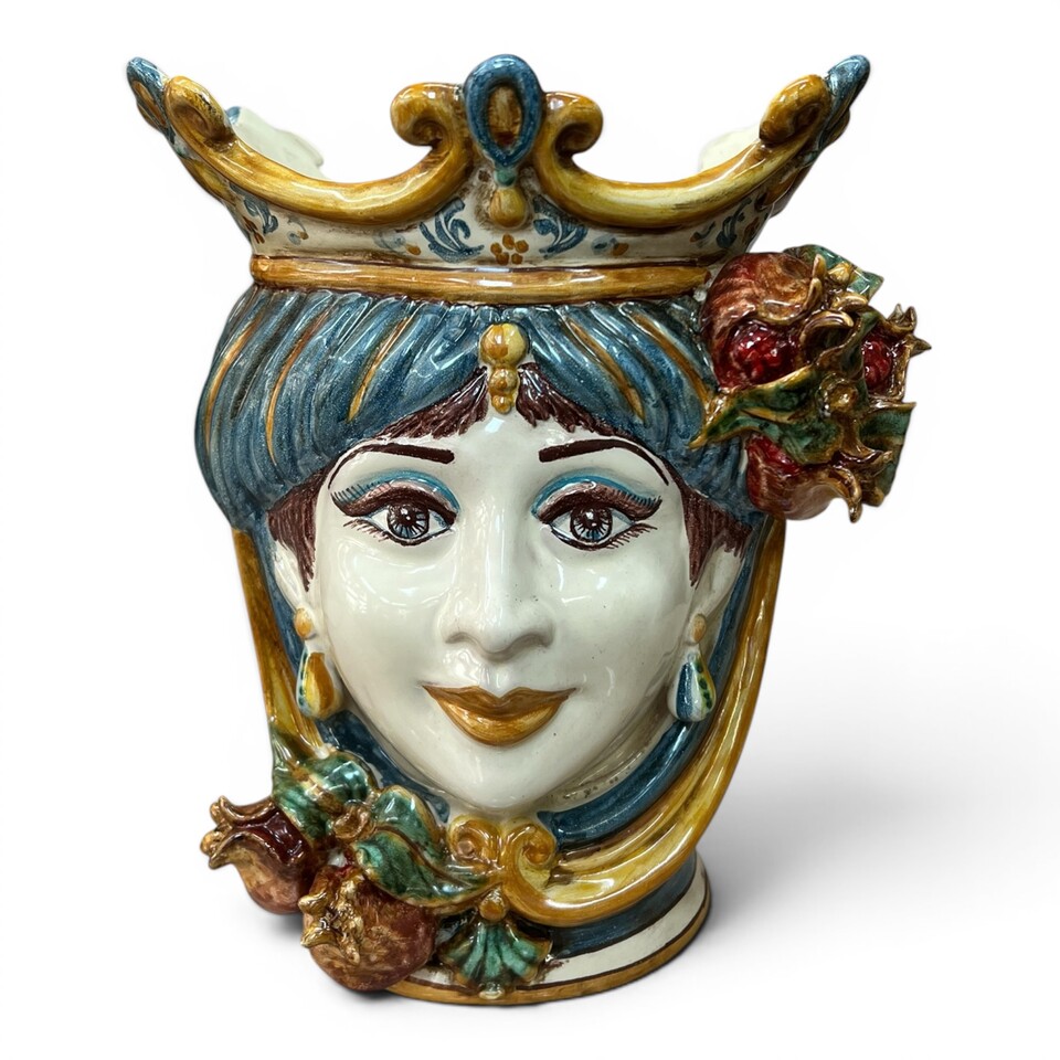 Testa di moro donna con corona e melograni decoro plastico blu e arancione in ceramica siciliana Produzione artigianale di Caltagirone h.25cm