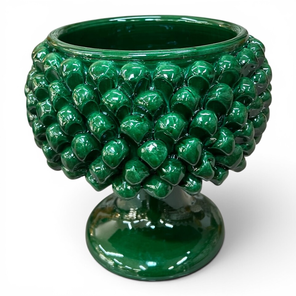 Mezza pigna cachepot con alzata vari decori in ceramica siciliana Produzione artigianale di Caltagirone h.20cm