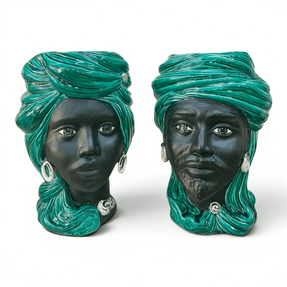 Teste di Moro Anubi con turbante decoro verde ramina in ceramica siciliana viso nero opaco Produzione artigianale di Caltagirone h.30cm