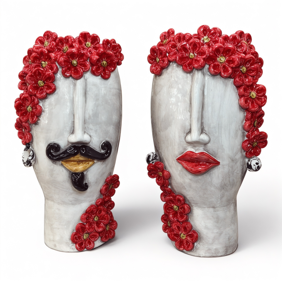 Teste di moro Contempus design moderno minimal con fiori rossi decoro fumé in ceramica siciliana Produzione artigianale di Caltagirone h.33cm