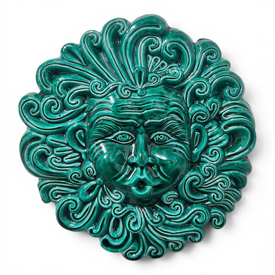 Maschera Eolo da parete monocolore vari decori in ceramica siciliana Produzione artigianale di Caltagirone Diametro 33cm