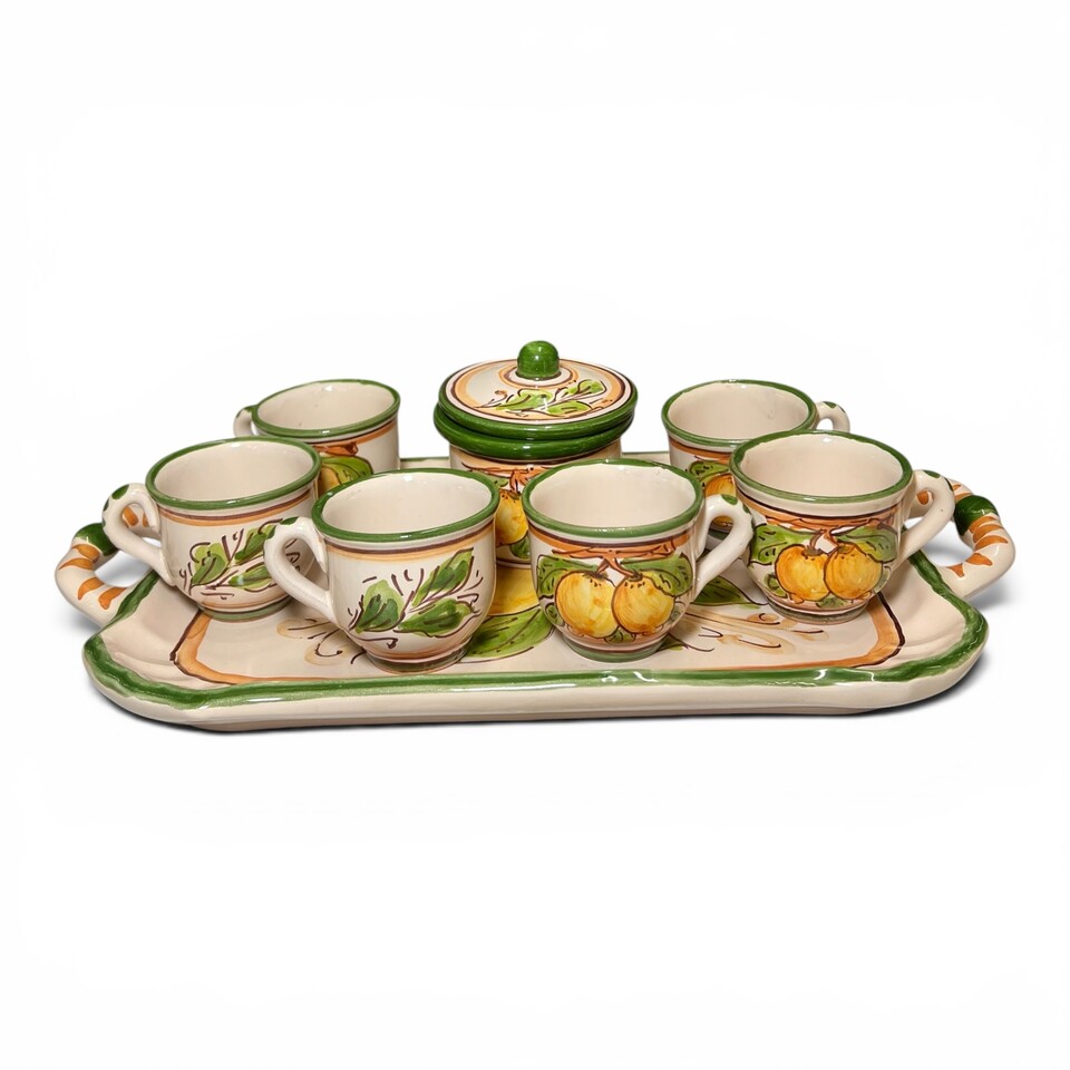 Set 6 tazzine da caffé con vassoio e zuccheriera decoro con limoni popolare Produzione artigianale di Santo Stefano di Camastra Lunghezza 35cm